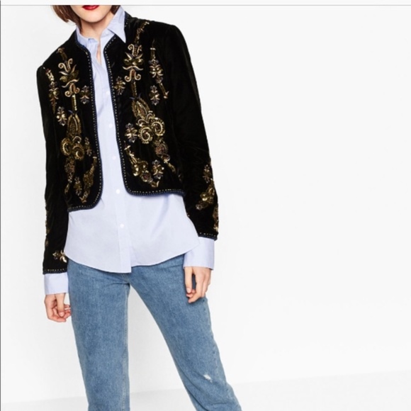 zara black velvet embroidered jacket